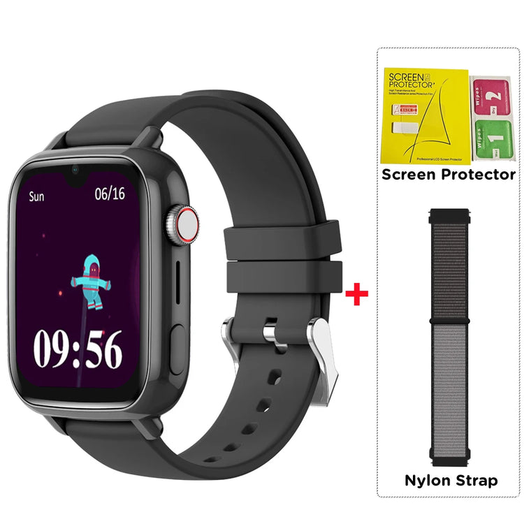 4G kids GPS smart watch showcasing a sleek design with vibrant display, featuring a nylon strap and screen protector bundle.