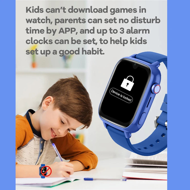Child using 4G kids GPS smart watch while studying; features parental control and alarm settings for better habits.