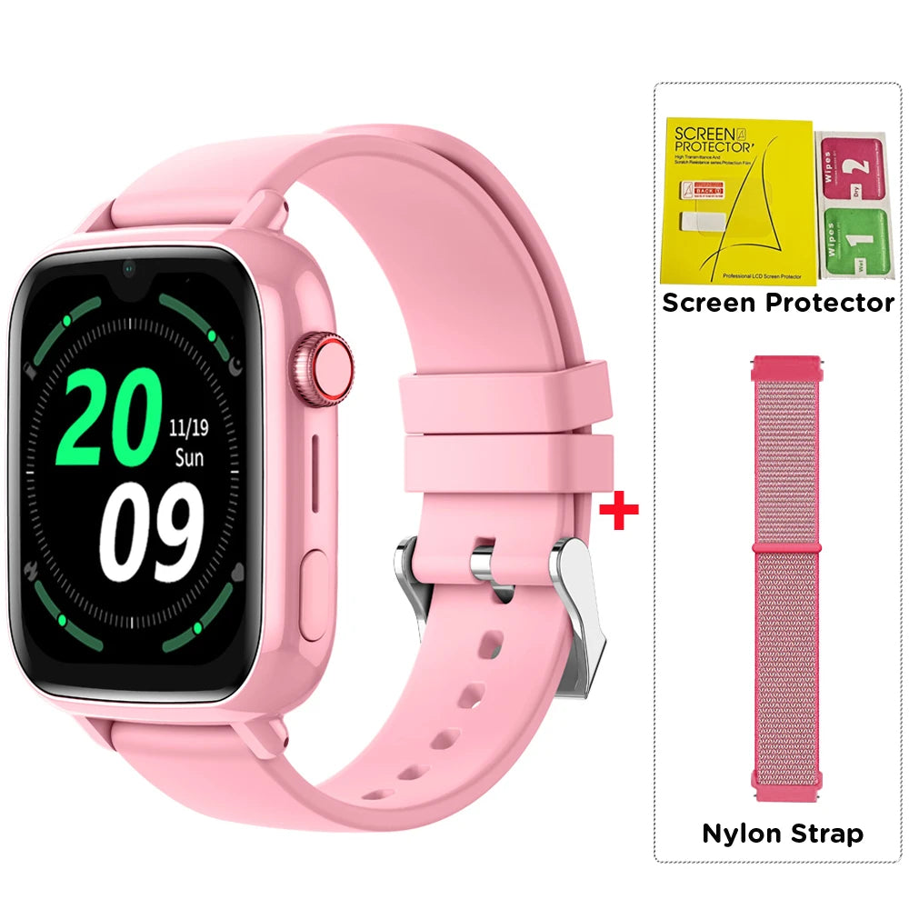 4G kids GPS smart watch in pink with nylon strap and screen protector accessories