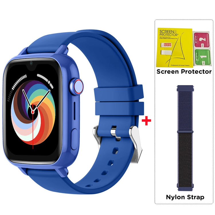 4G kids GPS smart watch in blue with nylon strap and screen protector for enhanced safety and communication.