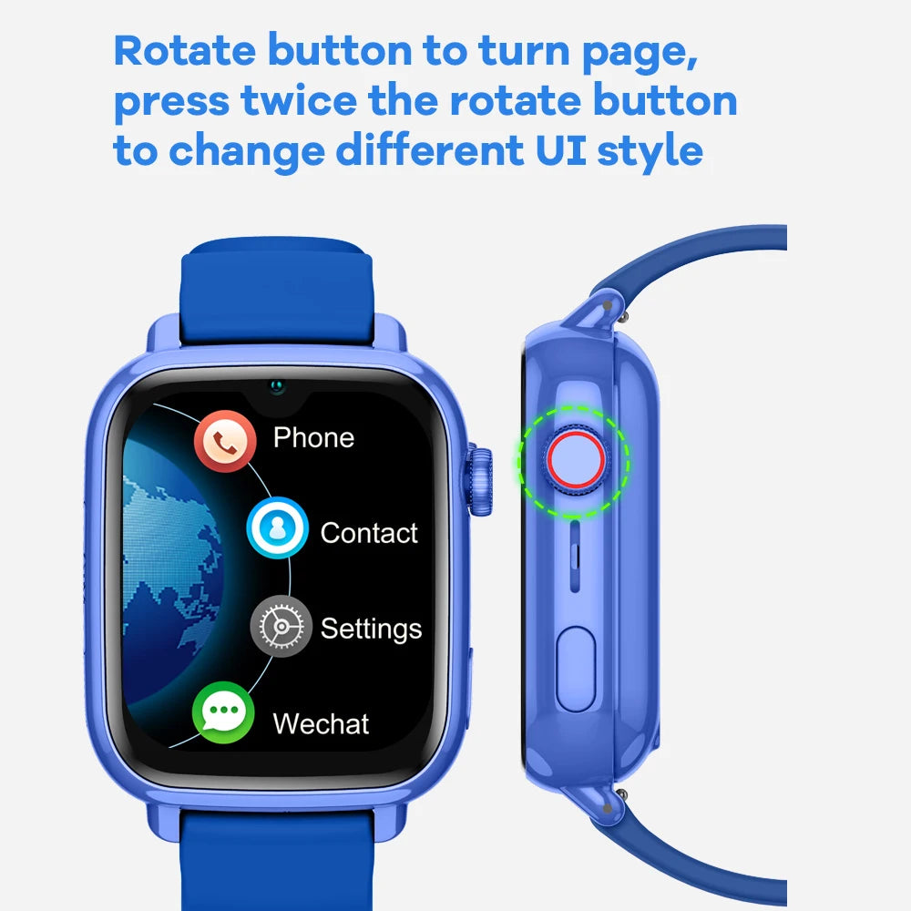 4G kids GPS smart watch showing UI features like Phone, Contact, Settings, and Wechat options.